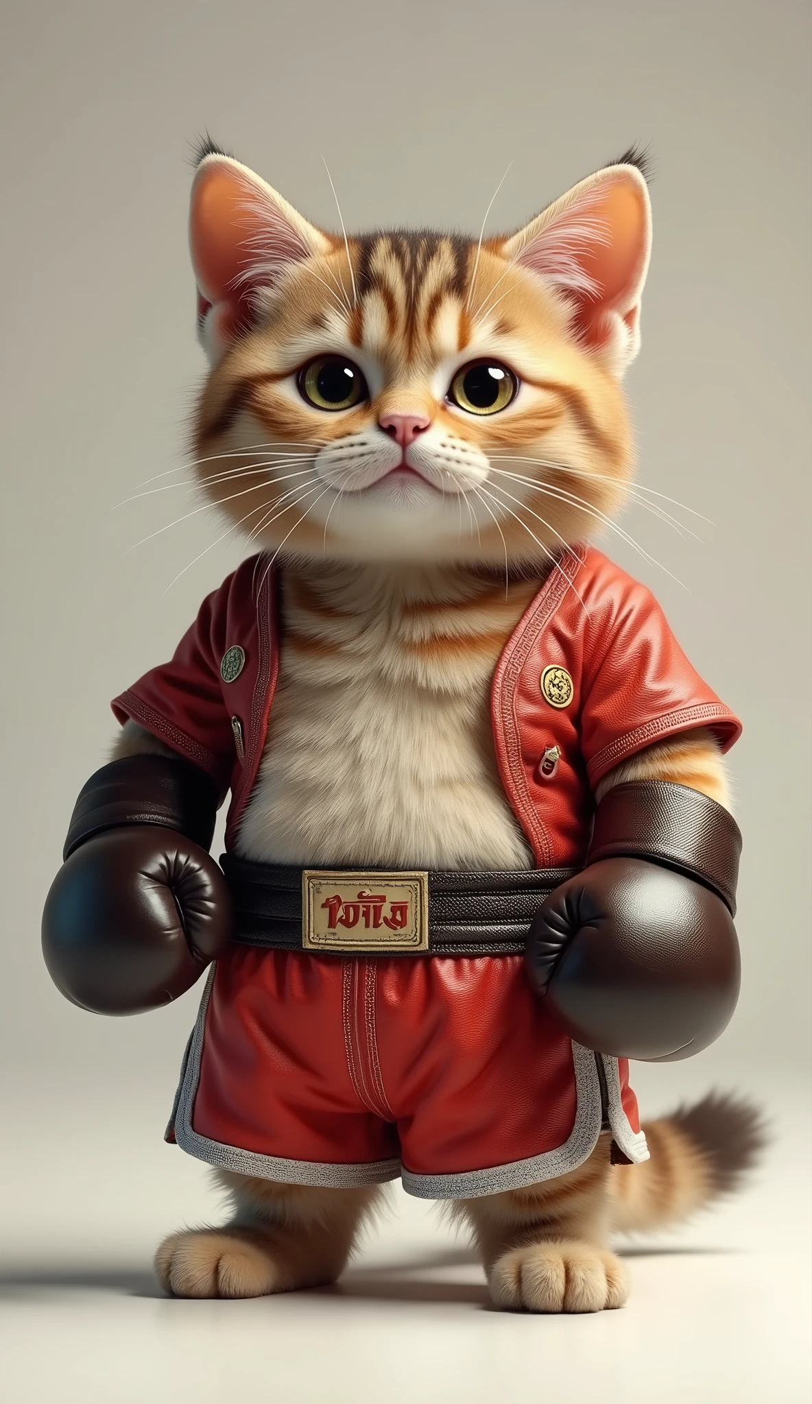 Photorealistic, 64K, A cute fat cat wearing a [muay thai fighter costume], standing up,