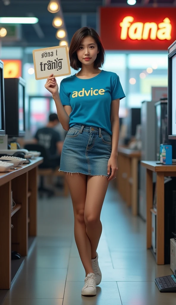 Beautiful Thai girl, short hair, wearing a blue t-shirt printed with the word "ADVICE", wearing a short jeans skirt, wearing white sneakers, (((standing holding a sign "GENAI TRANG")))., in a computer store. Tablet, (((full body)))., สมส่วน, หน้าอกใหญ่โต