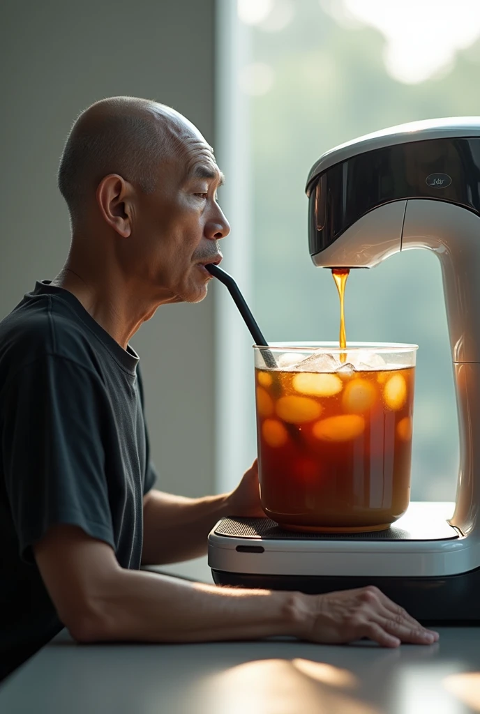 Realistic pictures in high resolution. An automatic-futuristic coffee machine maker, making special iced black coffee and the result dripping in a very big artistic cup. Beside the artistic cup laying an Indonesian man on a long chair, 60 years old, bald, slim, in casual. The man drinks the coffee using straw. Excited moment. 