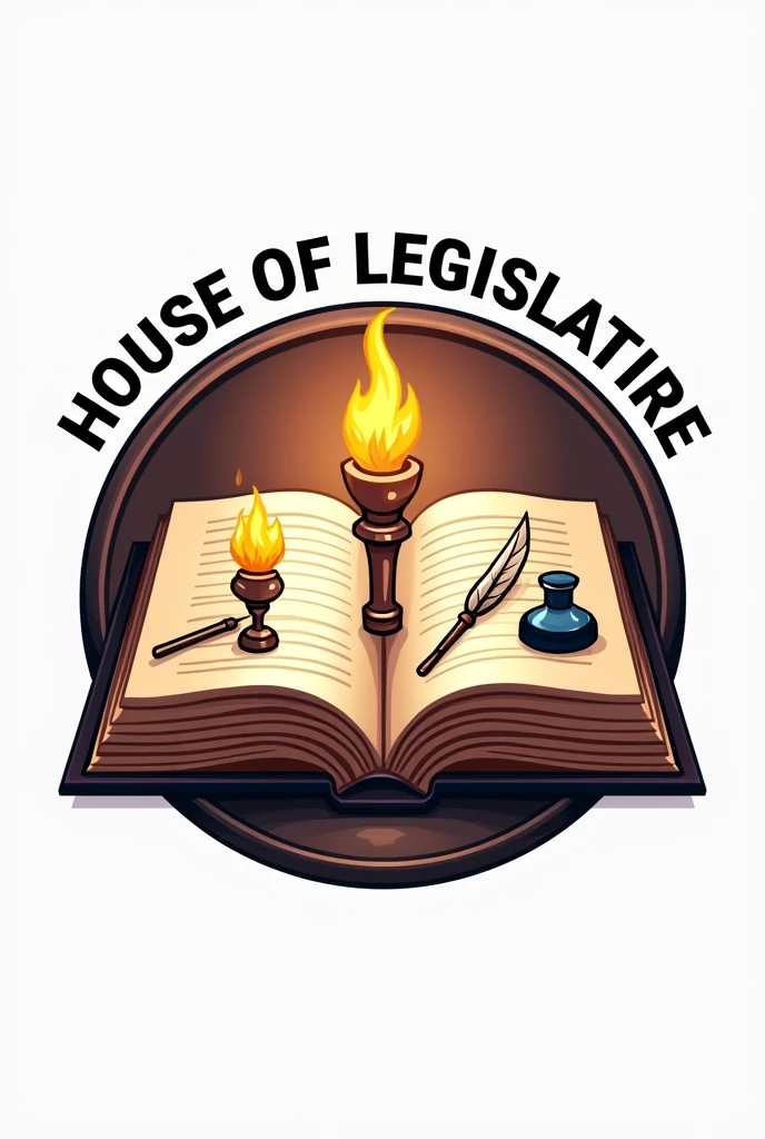 make a logo where an open page book has a drawing of torch and on the other page is gavel, quill and ink . in 3d design with a word "house of legislature" with circle background