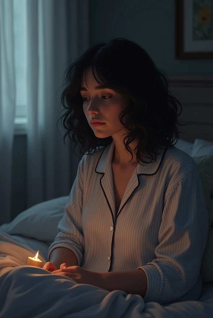 Studio Create an image of a mother with medium-length curly black hair in striped pajamas listening to God speak to her 