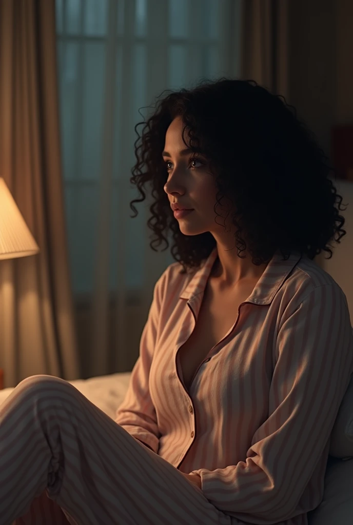 Studio Create an image of a mother with medium-length curly black hair in striped pajamas listening to God speak to her