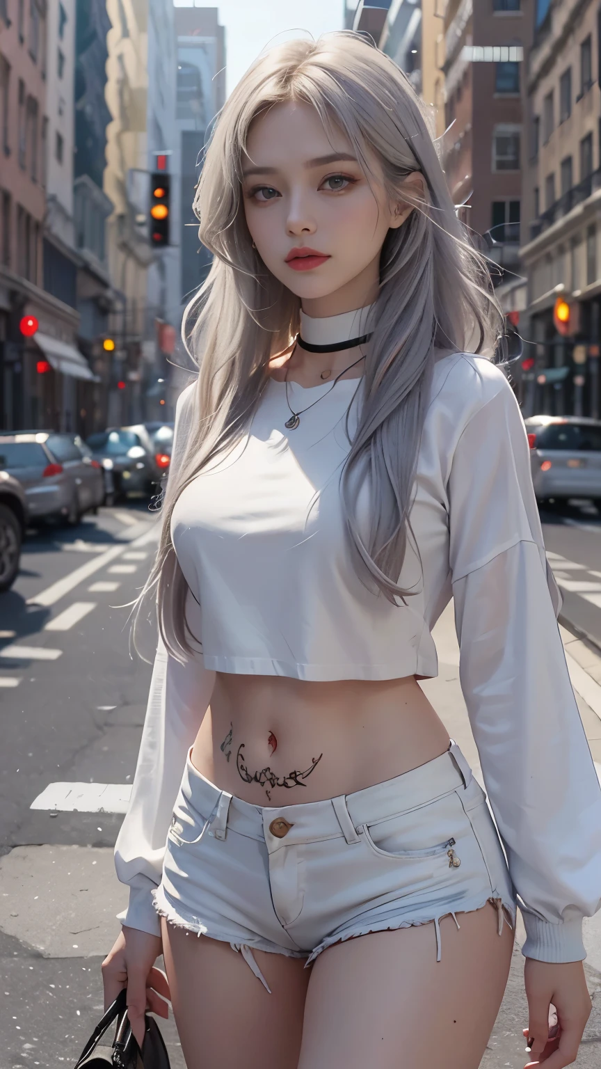 Beautiful female college student in the city,masterpiece,light makeup,Red Lip,Silver Hair,Disheveled long hair,Street Background,Elegantさ,Elegant。Ultra-fine details,Masterpieces,Authentic texture,Realism in film lighting,Perfect piece,8k,khd,Delicate facial features,White skinny turtleneck top,white skinny shorts,Slim figure,Big bright eyes,Smooth Skin,ear discharge,Choker Necklace,Got a tattoo