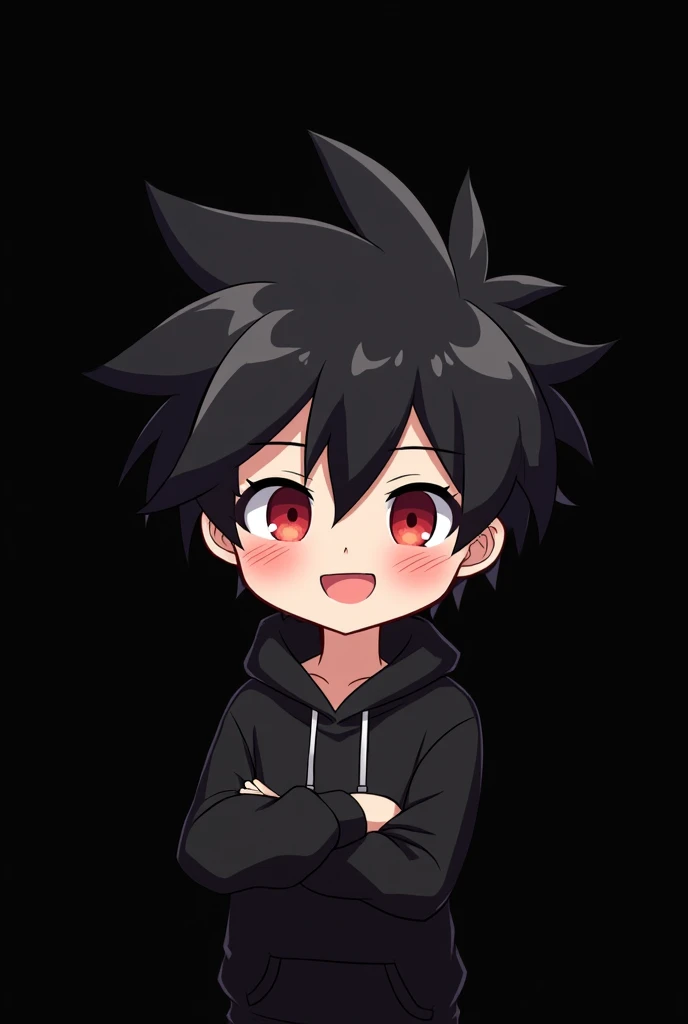 Plane Black background , Anime boy , black Spiky hair , black hoodie , red eyes , narrowed eye , happy , chibi , blushed , dark black back ground , character positioned in centre