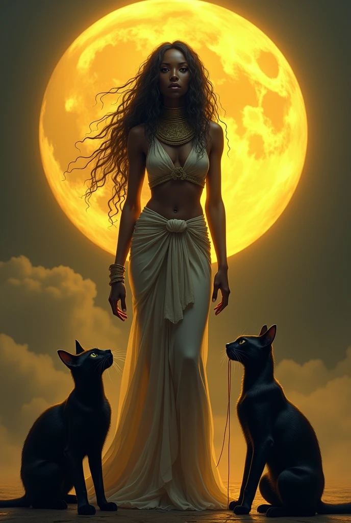 A full body black woman, egyptian, slim, with dreadlocks in her hair, with two black cats beside, one of the cats eating a spaghetti noodle and in the background of the image a yellow full moon.