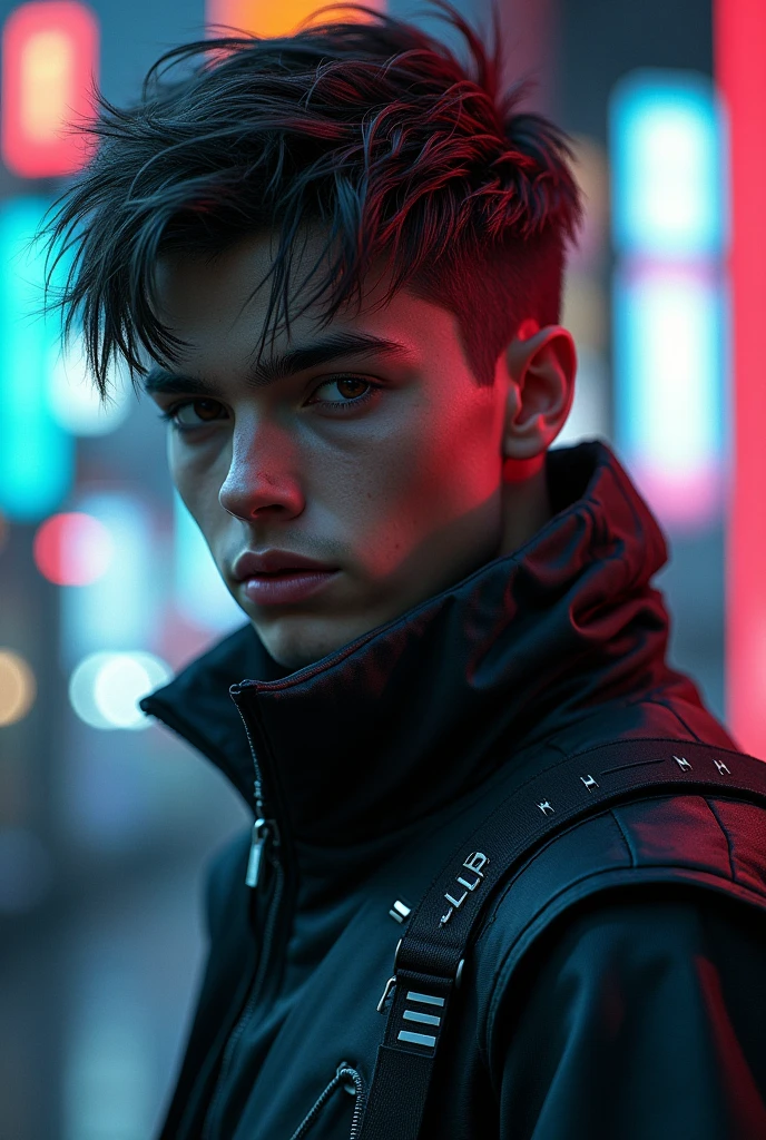 a handsome boy, cyberpunk style, hood, neon lights, high-tech clothing, 