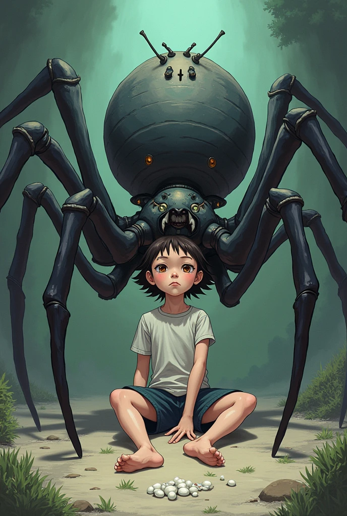 A boy's lower_body is becomed spider(Japanese anime style)(eight legs)(entire spider_body)(a spider_head)(no human's legs)(laying eggs)