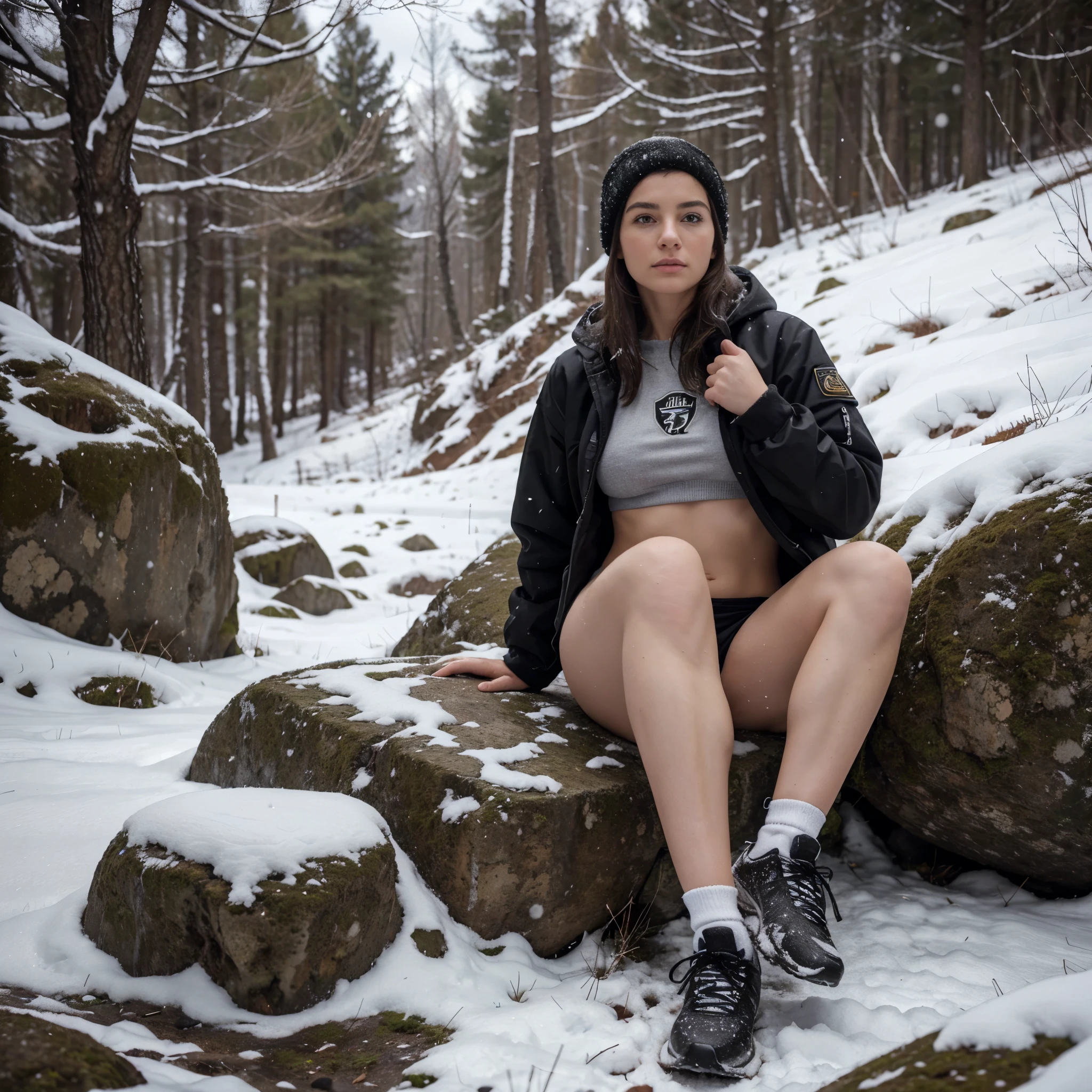 8k, top-quality, （pubic hair beauty), hight resolution, lifelike, european woman, age 20, realperson, Female Detective, chasing the criminal, desparate face, sitting on a rock in the forest in the mountains, snowing, freezing, bare legs, unshaved legs, goosebumps on legs, desperat, SWAT Vest, gun, black outdoor jacket, black shorts, hiking shoes, white ankle socks, snow on the ground, in pain, feeling the cold