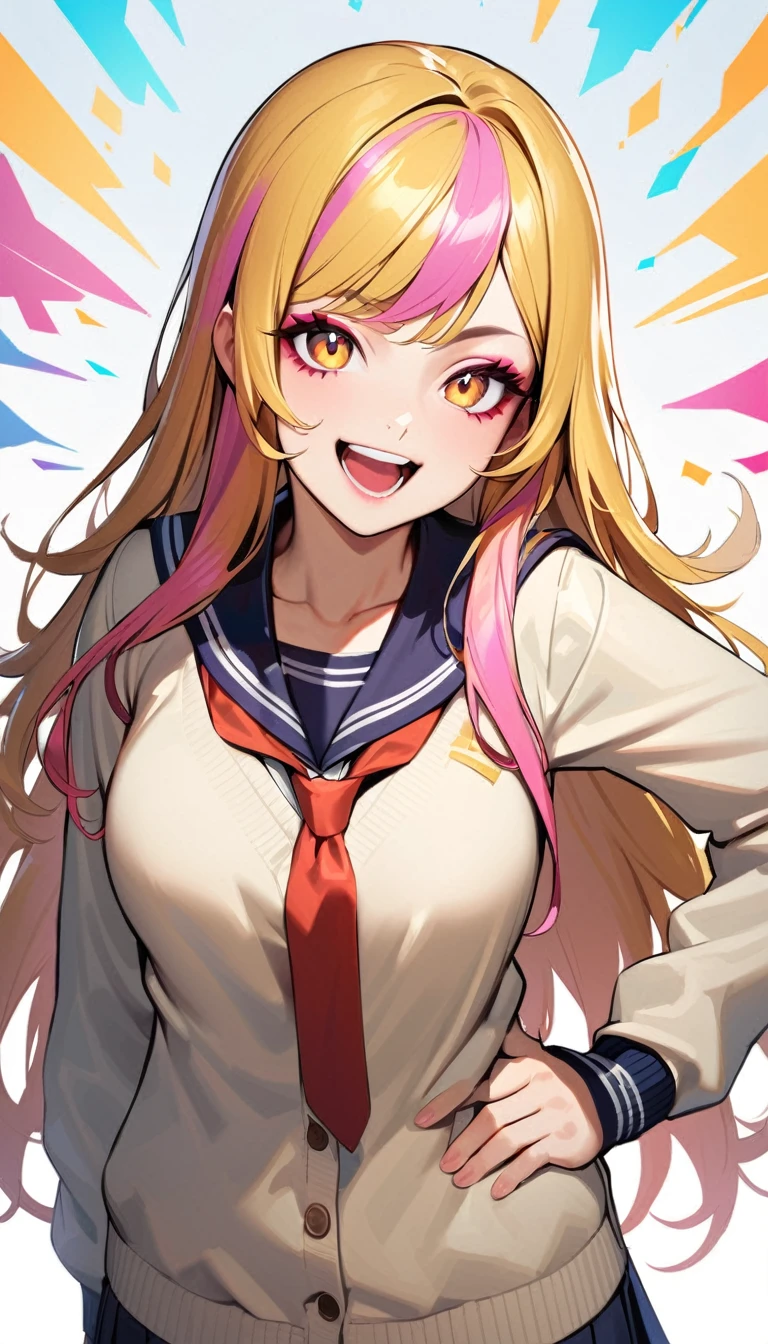 realitic, 1girl, natural makeup, long hair ,yellow hair, pink streaked hair, smile, school uniform, hand on hip,looking at viewer,open mouth,white background