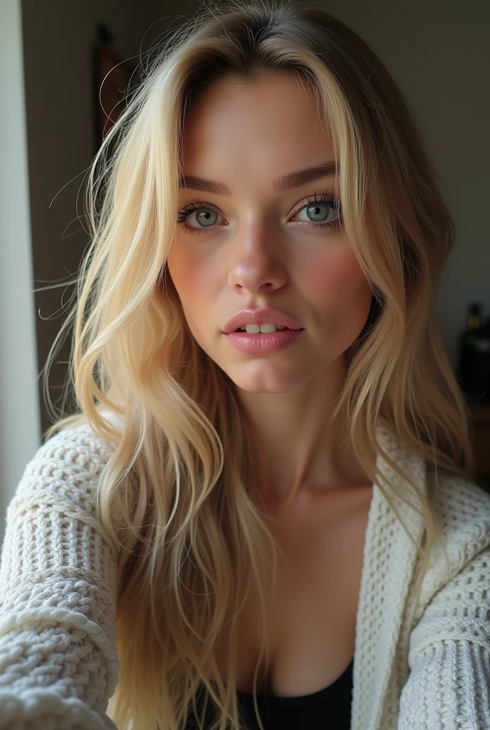 selfie, wink, cute baby-face woman, attractive and seductive expression, shy, blonde straight hair, forehead, make-up, blue eyes, superlative body proportion, naked, artistic, hyper, graphic CG digital art