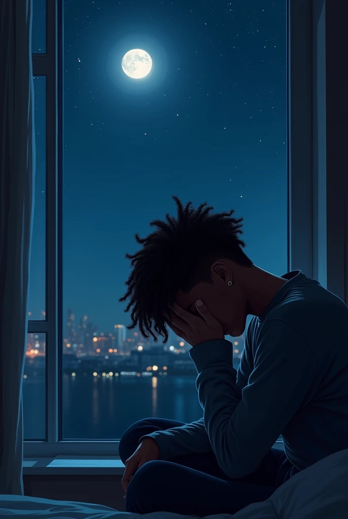 A hotel window at night with the moon and stars shining and a young man with brown skin and hair in twist locks with his hands covering his face as if he were crying sitting next to him.