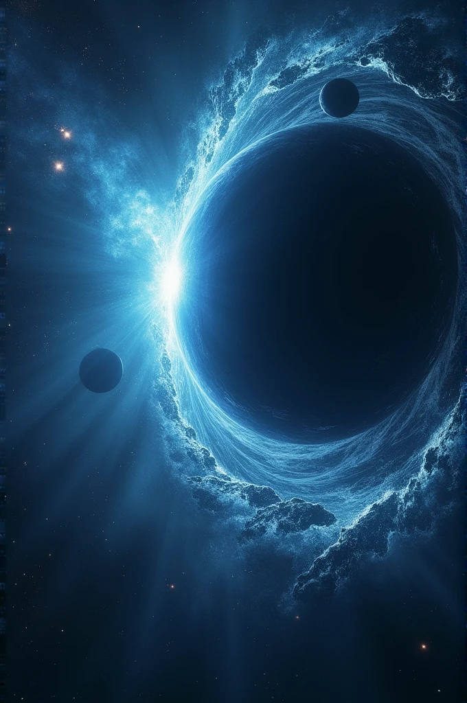Create a landscape where you can see a planet being absorbed by a large black hole
