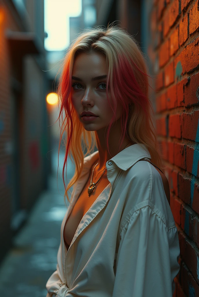 Ultra-realistic 8k CG, masterpiece, ((Ultra detailed background, delicate patterned, Intricate details)), best quality, Intricate detailss, Chromatic Aberration, 1 Girl, Long hair, blond hair, Messy hair, Red highlights, Hair covering one eye, Sharp eyes, Necklace, Brick Wall, Graffiti, Dim Lights, alley, Large-size shirt,Off-shoulder, See-through white shirt, masterpiece, best quality