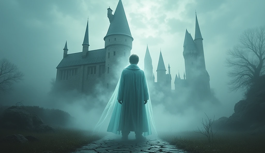 ghostly image of Harry Potter, Hogwarts, and a magical world forming in the clouds outside