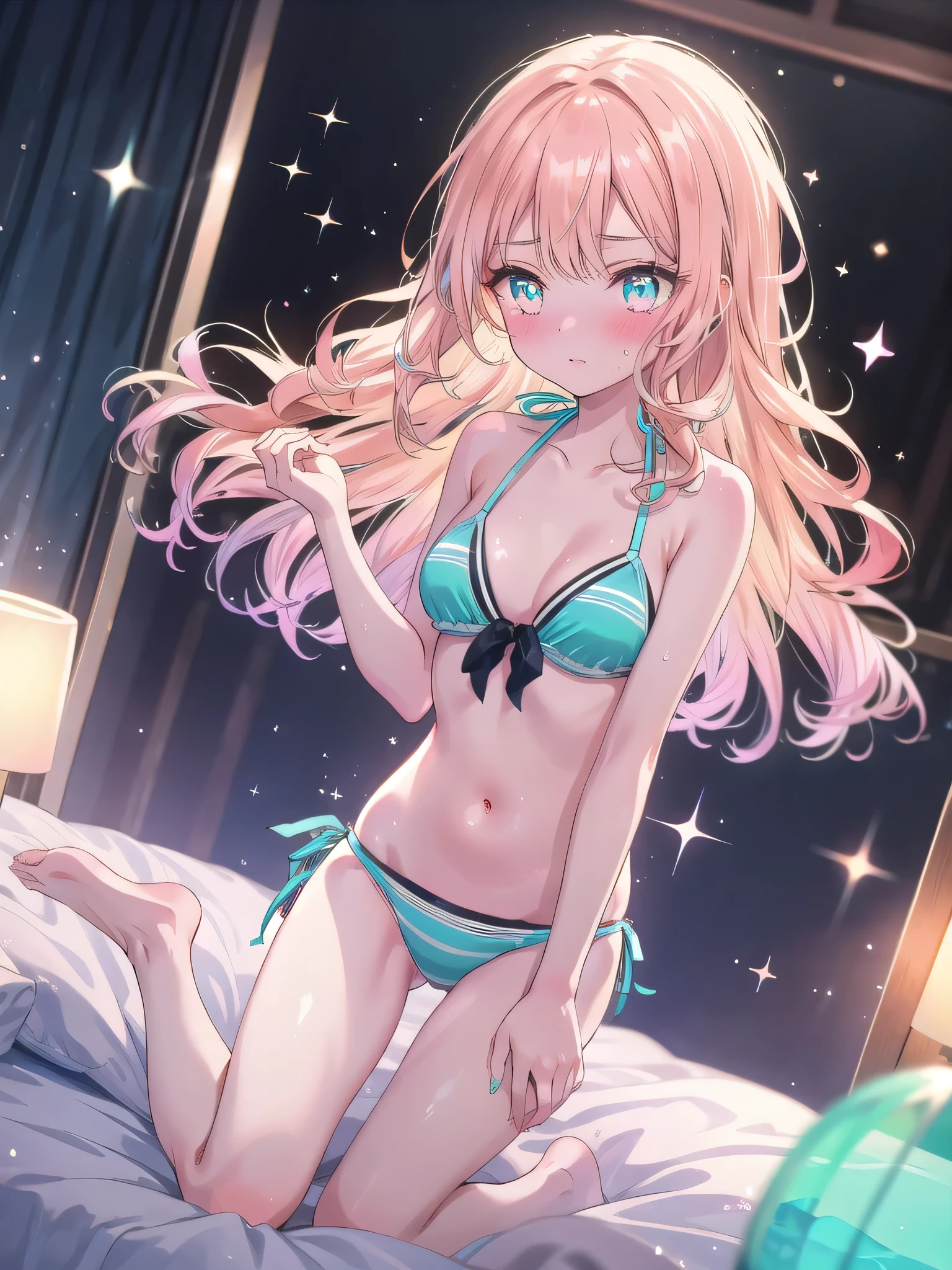 ((8k, Highest quality, masterpiece: 1.3)),Ultra-high resolution,(1 girl, alone), (Color changing eyes, Ultra-detailed, Expressive brilliance, Glitter, Glowing Eyes), Highly detailed eyes, Highly detailed face, Random Hair, ((pastel colour)),A shy young woman with pastel peach hair styled into soft waves, lying on her bed in her softly lit bedroom during the calm of early evening. She is wearing a turquoise bikini and has a shy, slightly embarrassed look on her face. Her legs are slightly open, creating a modest yet captivating pose. The camera captures her from a side angle, highlighting her gentle blush and the warm, inviting light of the room. (open legs:1.5) (put hand in bikini:1.5)