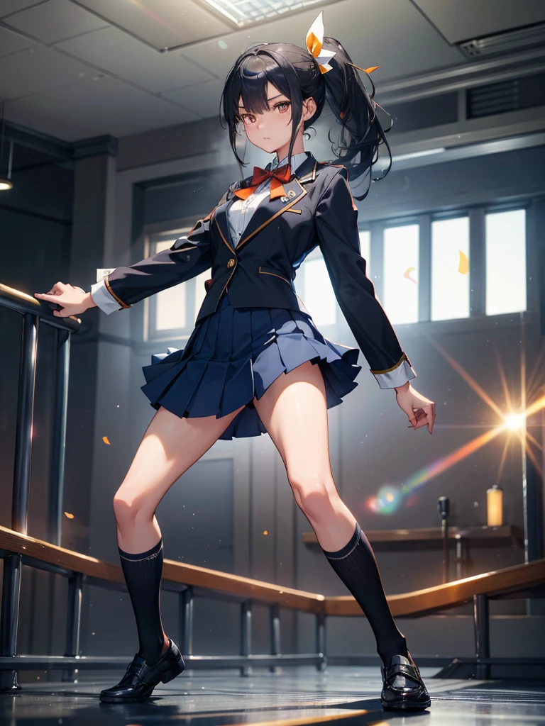 One person, ponytail, Black Hair, Slender body,Thinい胸,Slanted Eyes, Thin々, height: 155cm,Illustration effect, High School Uniform,Navy Blue Blazer,White blouse,Orange bow ribbon,Gray knee-length flared skirt,Navy blue knee socks,Black shoes,Kung Fu Action,Backward kick,High resolution, masterpiece, Accurate, Anatomically correct, number々Awards, Highest quality, corruption, detailed, High resolutionモデル, 高いdetailed, retina, Very detaileded, Textured skin, 超High resolution, vision, Background Blur, Lens flare, Anatomically correct, Anime Style, 