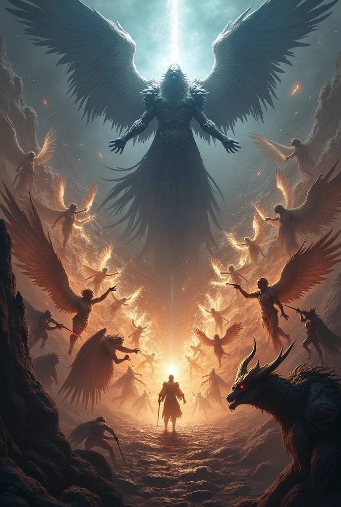 12 archangels and 12 demons attacking a dark god