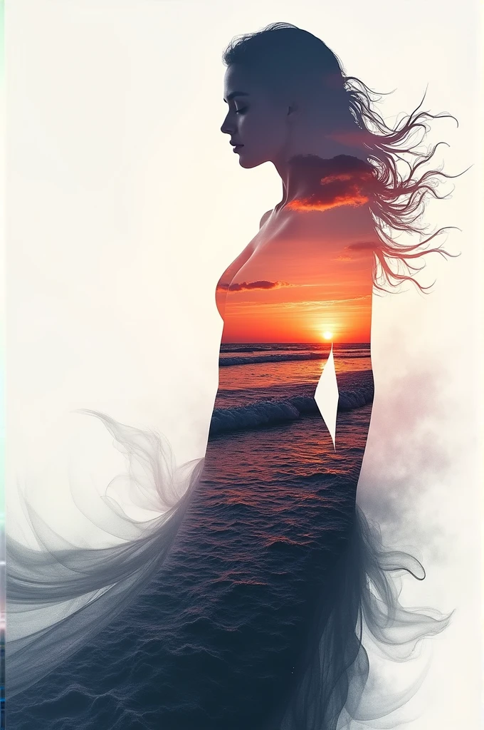 high quality, 8K Ultra HD, A beautiful double exposure that combines an goddess silhouette with sunset coast, sunset coast should serve as the underlying backdrop, with its details incorporated into the goddess , crisp lines, The background is monochrome, sharp focus, double exposure, by yukisakura, awesome full color,