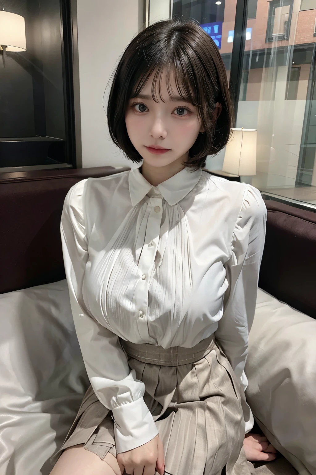 Wearing a white long-sleeved collared blouse、Big Breasts、wearing a brown pleated skirt、Short Hair、Sitting