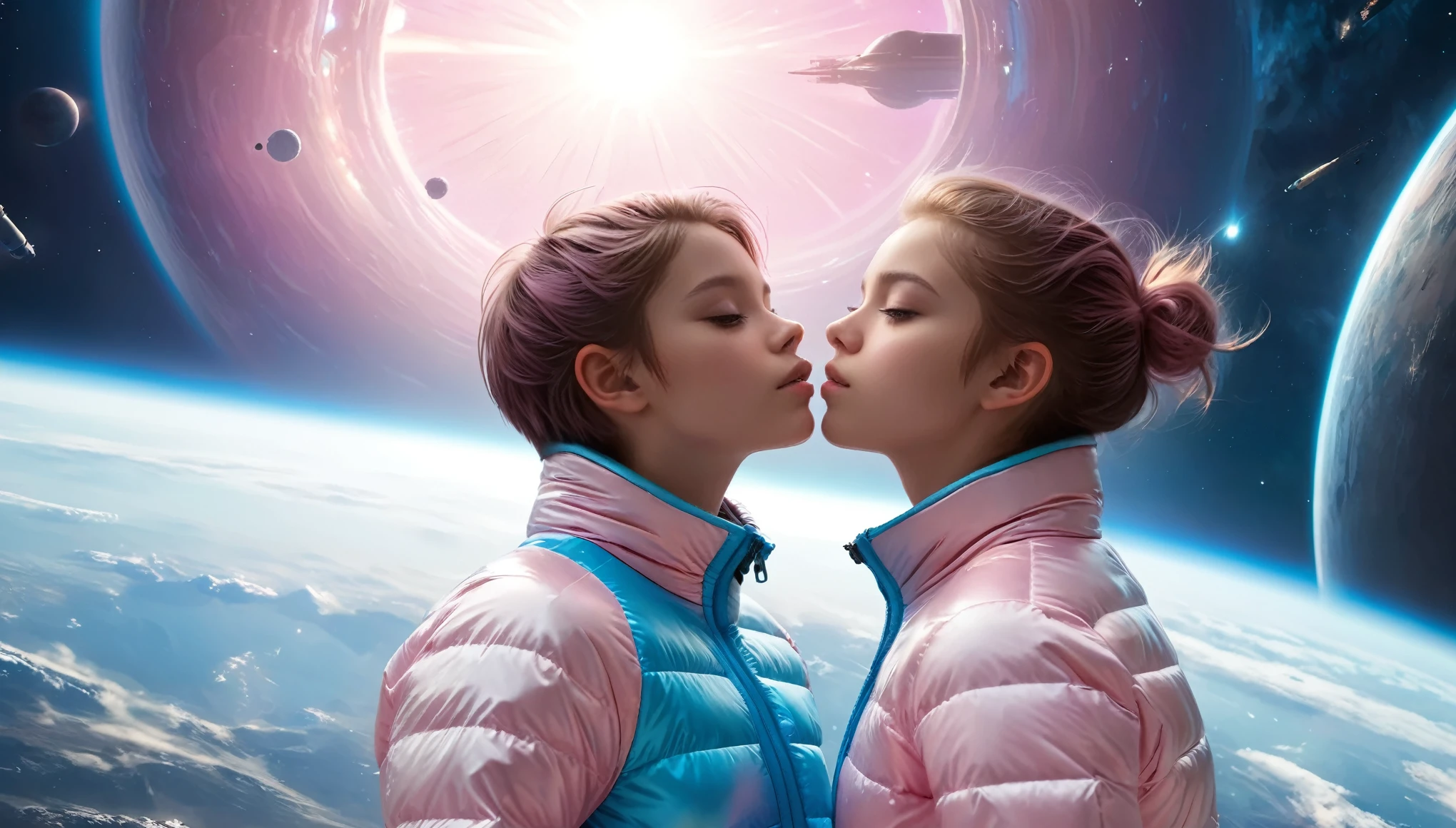 Top Quality, Masterpiece, High Resolution, 8k, wide objective, full body shot, ((Teenager, barely legal)), ((2 cute girls kissing in a light pink blue open shiny puffer with plunging neckline, short sleeves, small perky breasts, extremely detailed face, beautiful detailed closed eyes, beautiful detailed lips, pixie side shaved hair, small hips, in a spaceship, wide view))