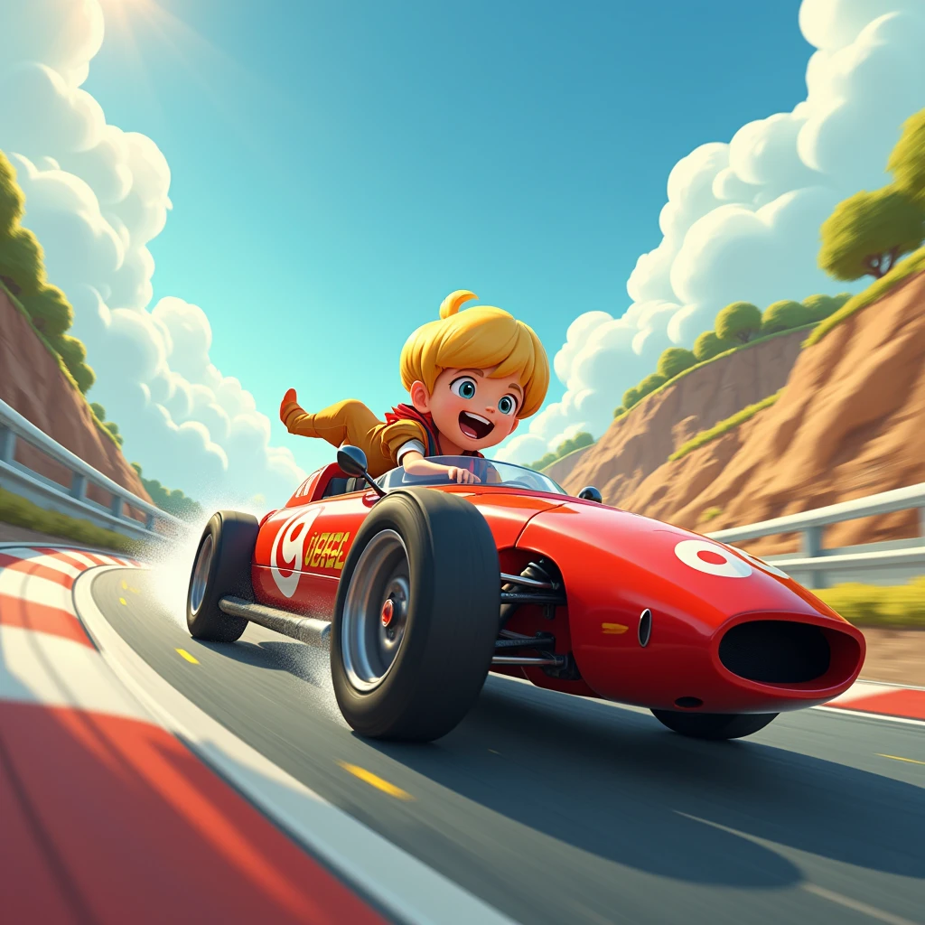 A blond boy with a bowl cut haircut, full of enthusiasm, He is driving a sports car as it races at full speed around a circuit. On the side of the car, highlight the name "IN THE FORMER", which adds a unique touch to the scene. Speed and excitement merge in an instant of pure adrenaline, as the child takes the curve with confidence and skill.