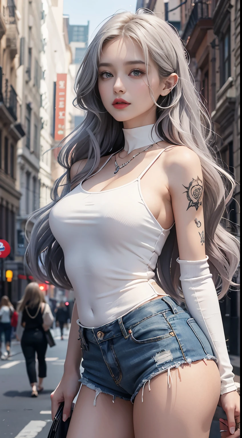Beautiful female college student in the city，masterpiece，light makeup，Red Lip，Silver Hair，Disheveled long hair，Street Background，Elegantさ，Elegant。Ultra-fine details，Masterpieces，Authentic texture，Realism in film lighting，Perfect piece，8k，khd，Delicate facial features，White skinny turtleneck top，white skinny shorts，Slim figure，Big bright eyes，Smooth Skin，ear discharge，Choker Necklace，Got a tattoo