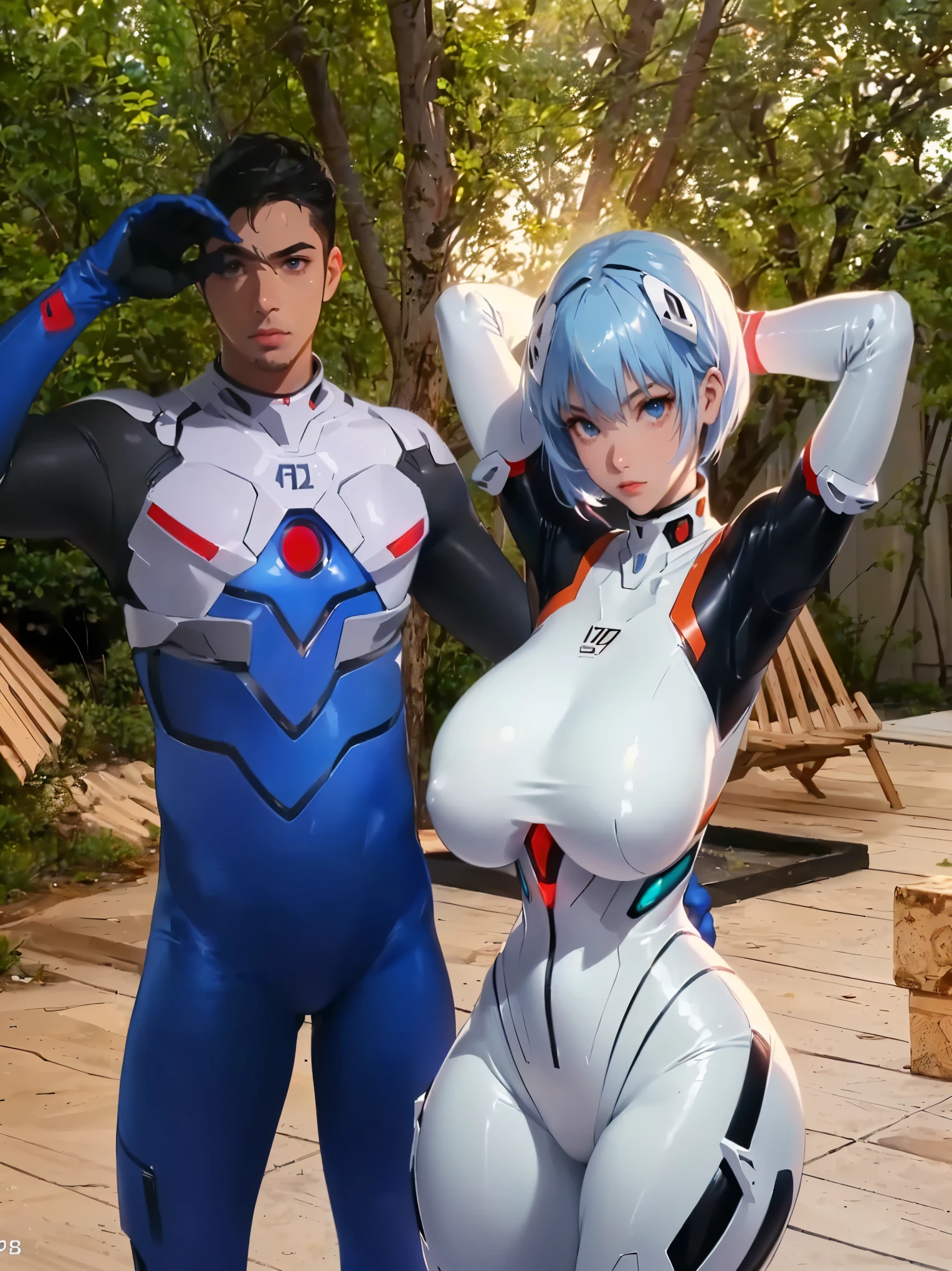 They are taking pictures in cosplay costumes。, Rei Ayanami, Nick Silva and Ilya Kuvshinov, Asuka suit worn under clothes!, ayanami, Cyber Suit, sakimichan and frank franzzeta, frank franzzeta and sakimichan, Neon Genesis Evangelion Style, rogue anime girl ayanami rei, BoobsCyberpunk