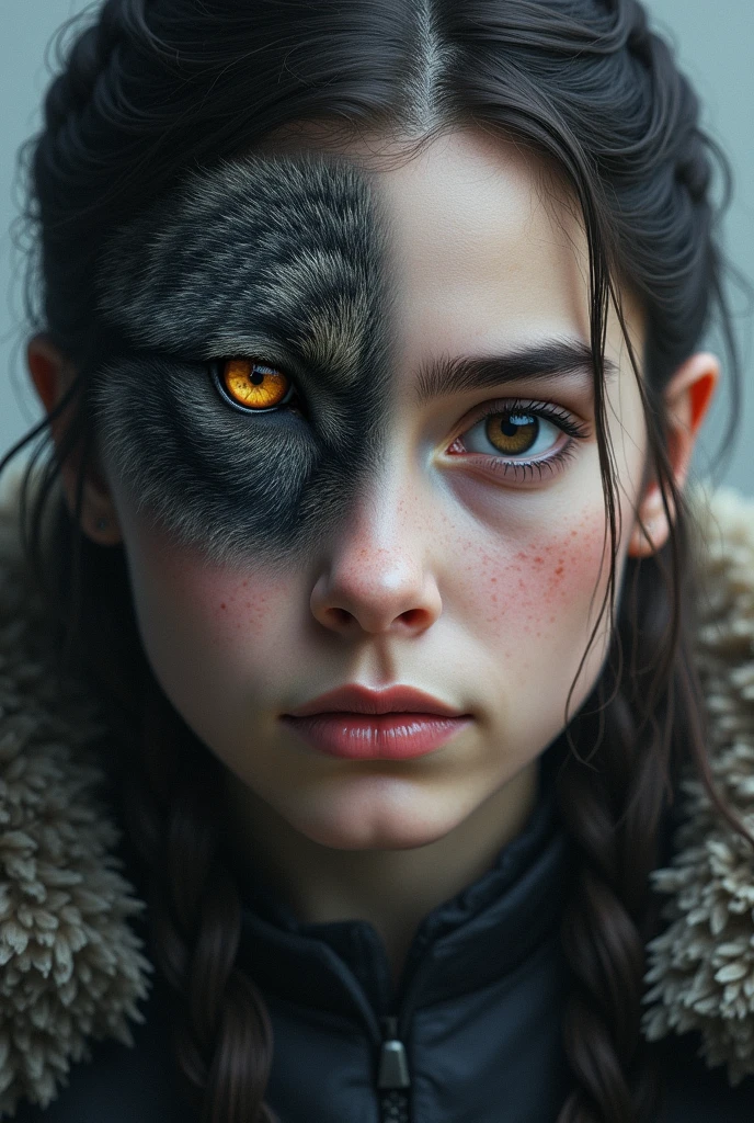 Arya stark hyper realistic close up and nymeria is ober her face but at the same time is like a superposition one of the wolf eye at the same level of arya's
