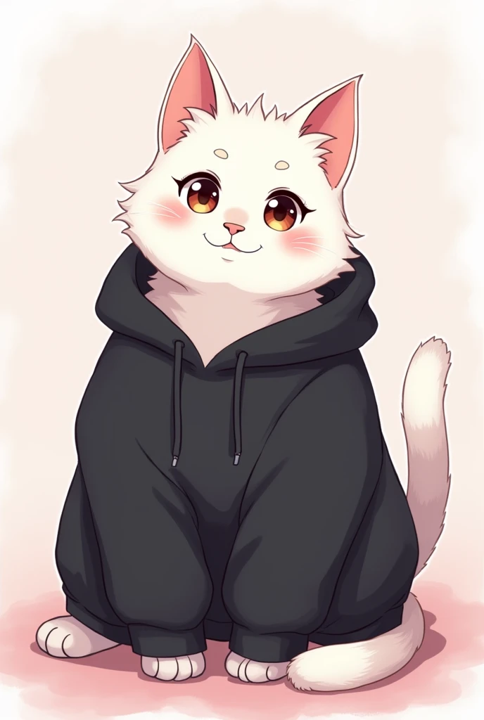 Anime style image of a furry white male cat, femboy in a black hoodie.