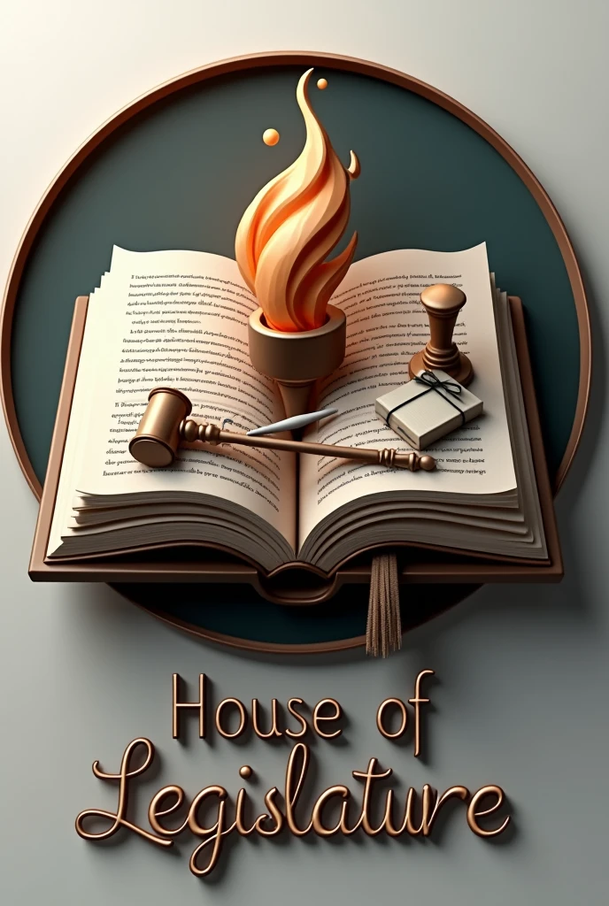 make a logo where an open page book has a drawing of torch and on the other page is gavel, quill and ink . in 3d complex design with a word "house of legislature" with circle background