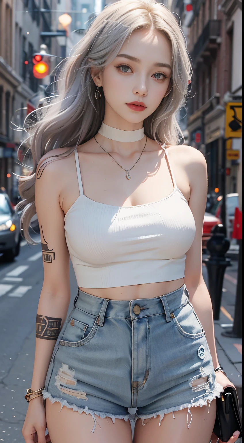 Beautiful female college student in the city,masterpiece,light makeup,Red Lip,Silver Hair,Disheveled long hair,Street Background,Elegantさ,Elegant。Ultra-fine details,Masterpieces,Authentic texture,Realism in film lighting,Perfect piece,8k,khd,Delicate facial features,White skinny turtleneck top,white skinny shorts,Slim figure,Big bright eyes,Smooth Skin,ear discharge,Choker Necklace,Got a tattoo