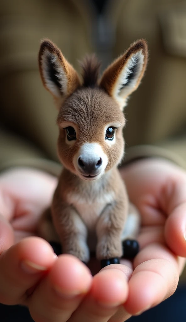 There is a little donkey in a man's hand, Sitting on fingers, Cute and cuddly, , Real little donkey,Very realistic little donkey, This is a live donkey.,The photos are very realistic, Very small, Just a beautiful little thing, Beautiful and lovely, Beautiful creatures, Pretty and cute, Very detailed photos.