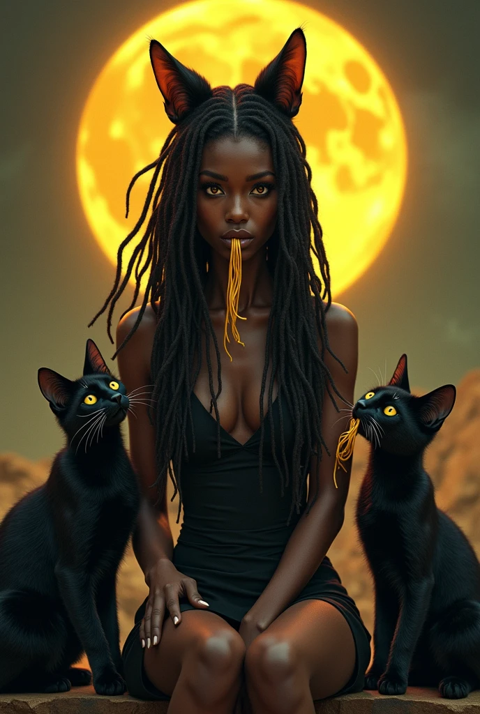 A full body black woman, egyptian, slim, with dreadlocks in her hair, with cat ears, with two black cats beside, one of the cats eating a spaghetti noodle and in the background of the image a yellow full moon.