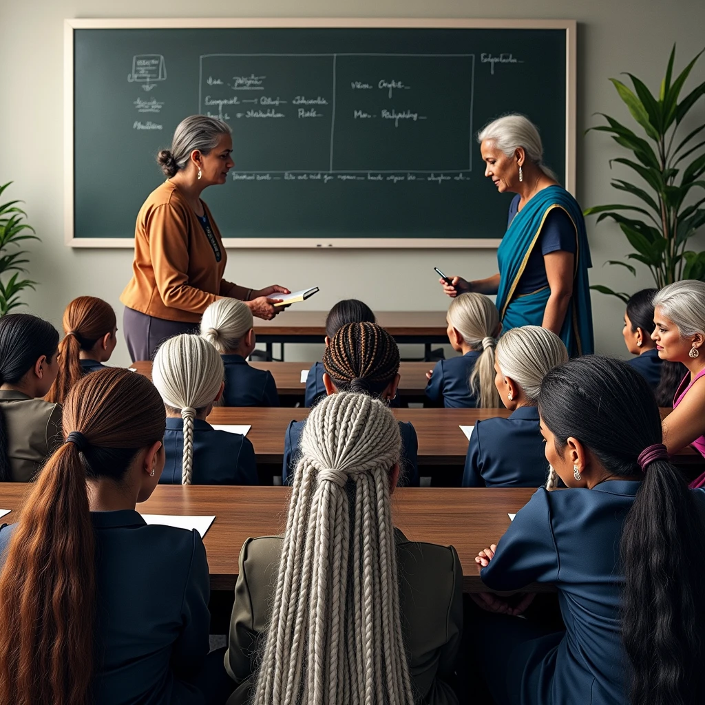 in luxerius sorrounded bright lighted modern indian classroom,two 65 years old indian lady teachers and their 65 years old fourteen eldery lady students,While cornrow braided two teachers are teaching scalp conrnrow braided studednts are studying keeping their heads on the table,viewer can see different colors of scalp conrow braided theirs hairs with black,white,black and white,brown,gray & black,gray,silver likewise exact as per image prompt,,Therese cornrow braided are in ponytailed and ralpuzel bushy from ponytailes as per image prompt,Their braided head scalps also can be see nicley,hese ladies are with dress in as per image prompt,all four of them,with their hairs respectively gray-black color for the all eldery ladies hairs in as per image prompt,their long,conrowed braided hairs spills on the floor to the viewer's,red lipsstick,natural tongues pulled out,licking the kneeled lady' eldery gray-black conrow braids like she is being raped excat in prompt,These all four ladies' faces are with showing full of sexual wildness showing out from their faces exact as in image prompt,Their eyes are fullfill with sexual wildness with raping hair braids as per the imahe prompt,(Show me their tongues,long tongues,1.4) styled with 100000 liters hair oil,hairs like viscus oiled pulp,slick combed hair lines highly visible,{{{{Ladies wears perfect dresses in perfect busty}}}},{{{{{NSFW}}}}},{{{{{{Hairs highly soaked}}}}}},{{{Hairs Drenched in water}}}}},{{{slick combed hair lines}}}},{{{{Hairlines reflecting shinning like mirrors with water}},{{{{{Showcase full bodies perfect figures}}}}},{{{{{High resolution perfecr color grading}}}}}},{{{Perfect cornrow braided hairs on all three ladies exactly in image prompt}}}}}}},((((((((Generate ethnicity as indian aged eldery sexy build ladies))))))))),((((((Generate wildness poses where shows the elderity and maturity of the sexually wildness and extremly extremly wildness in to hair licking by their tongues exatly as image prompt))))