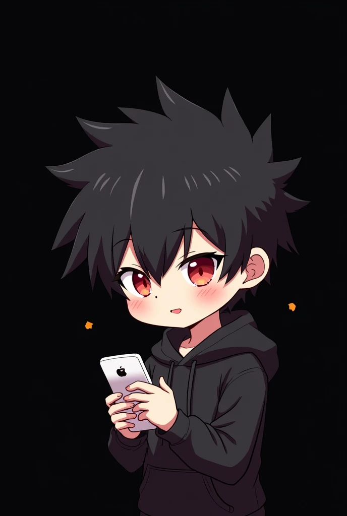 Plane Black background , Anime boy , black Spiky hair , black hoodie , red eyes , narrowed eye , happy , chibi , blushed , dark black back ground , plays phone