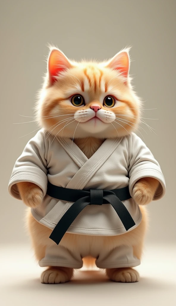 Photorealistic, 64K, A cute fat cat wearing a [karate costume], standing up,