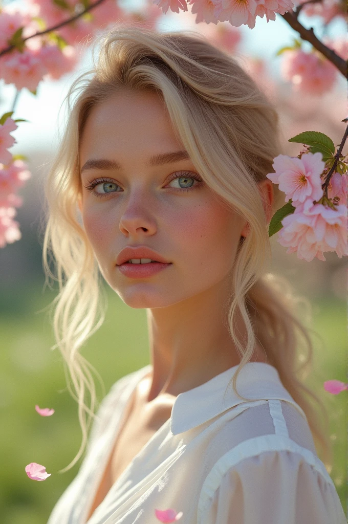 Image of a blonde Scandinavian girl with blue eyes and a white shirt near a cherry tree