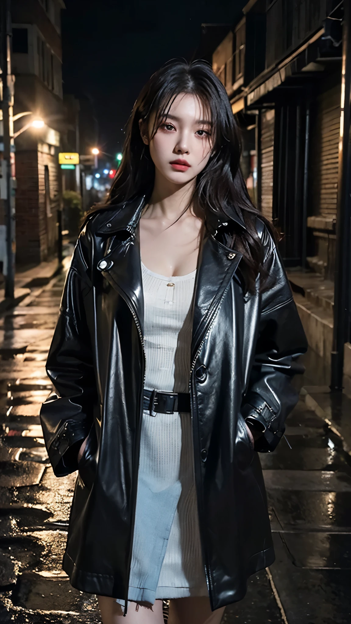 In a gritty, neo-noir setting of a dimly lit, rain-soaked city alleyway, the enigmatic J4N3L3VY stands center-frame, her eyes, a piercing blue in the darkness, locked onto the viewer with an intense gaze. Her long, dark hair cascades down her back like a waterfall, slightly disheveled from the stormy winds. The contrast of her pale skin against the grime and rain-streaked brick walls accentuates her striking features. She wears a unique outfit that blends a vintage, leather trench coat with intricate, cybernetic enhancements, giving her an otherworldly allure. A single, red rose clutched in her hand adds a touch of vulnerability to her otherwise formidable appearance. The harsh, angular shadows cast by the street lamps create an ominous atmosphere, further emphasizing the tension and intrigue surrounding this mysterious woman, J4N3L3VY.