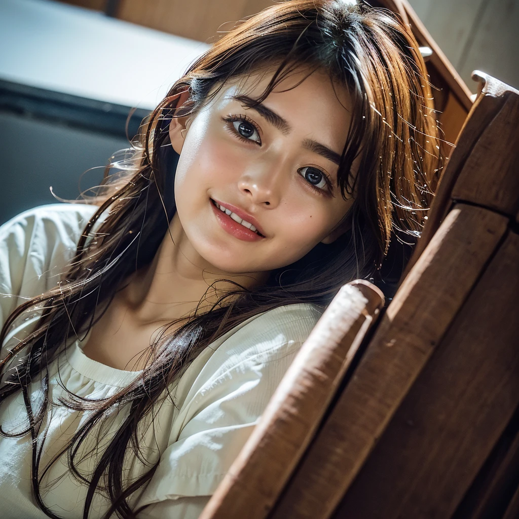 Highest quality, masterpiece, Ultra-high resolution, (Realistic:1.3), RAW Photos, (One Girl), (a photo from the neck up), (18-year-old), (smile:0.9), (Shiny skin), (Medium Hair, Dark brown hair), (White T-shirt), (Casual shorts), (Ultra detailed face), (Highly detailed eyes), (Highly detailed nose), (Highly detailed mouth), (Very skilled hands), (Super-detailed body), Sony a7, 85mm lens, f9.0