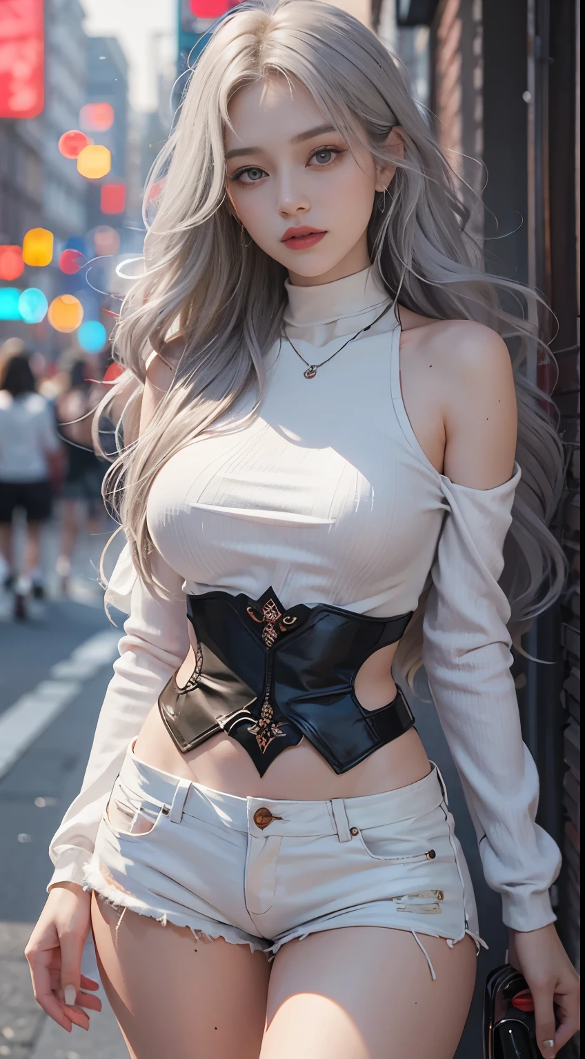 Beautiful female college student in the city，masterpiece，light makeup，Red Lip，Silver Hair，Disheveled long hair，Street Background，Elegantさ，Elegant。Ultra-fine details，Masterpieces，Authentic texture，Realism in film lighting，Perfect piece，8k，khd，Delicate facial features，White skinny turtleneck top，white skinny shorts，Slim figure，Big bright eyes，Smooth Skin，ear discharge，Choker Necklace，Got a tattoo