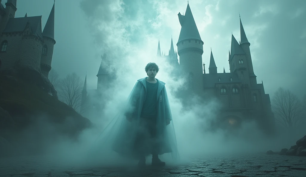 ghostly image of Harry Potter, Hogwarts, and a magical world forming in the clouds outside