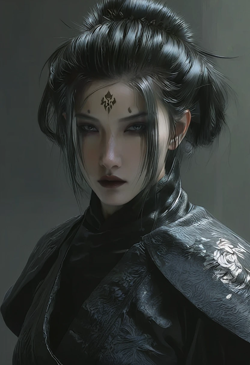 arafed woman with a black hairdo and a black top, by Yang J, beautiful girl face, artwork in the style of guweiz, cgsociety portrait, fantasy concept art portrait, Chengwei Pan on Artstation, wlop art, by Fan Qi, digital fantasy art ), inspired by WLOP, very beautiful cyberpunk samurai，A long sword hangs from his waist，Misty mountain forest