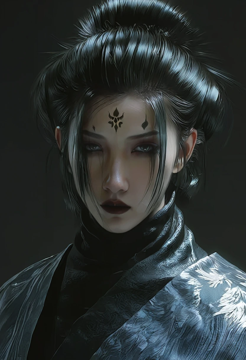 arafed woman with a black hairdo and a black top, by Yang J, beautiful girl face, artwork in the style of guweiz, cgsociety portrait, fantasy concept art portrait, Chengwei Pan on Artstation, wlop art, by Fan Qi, digital fantasy art ), inspired by WLOP, very beautiful cyberpunk samurai，A long sword hangs from his waist，Misty mountain forest