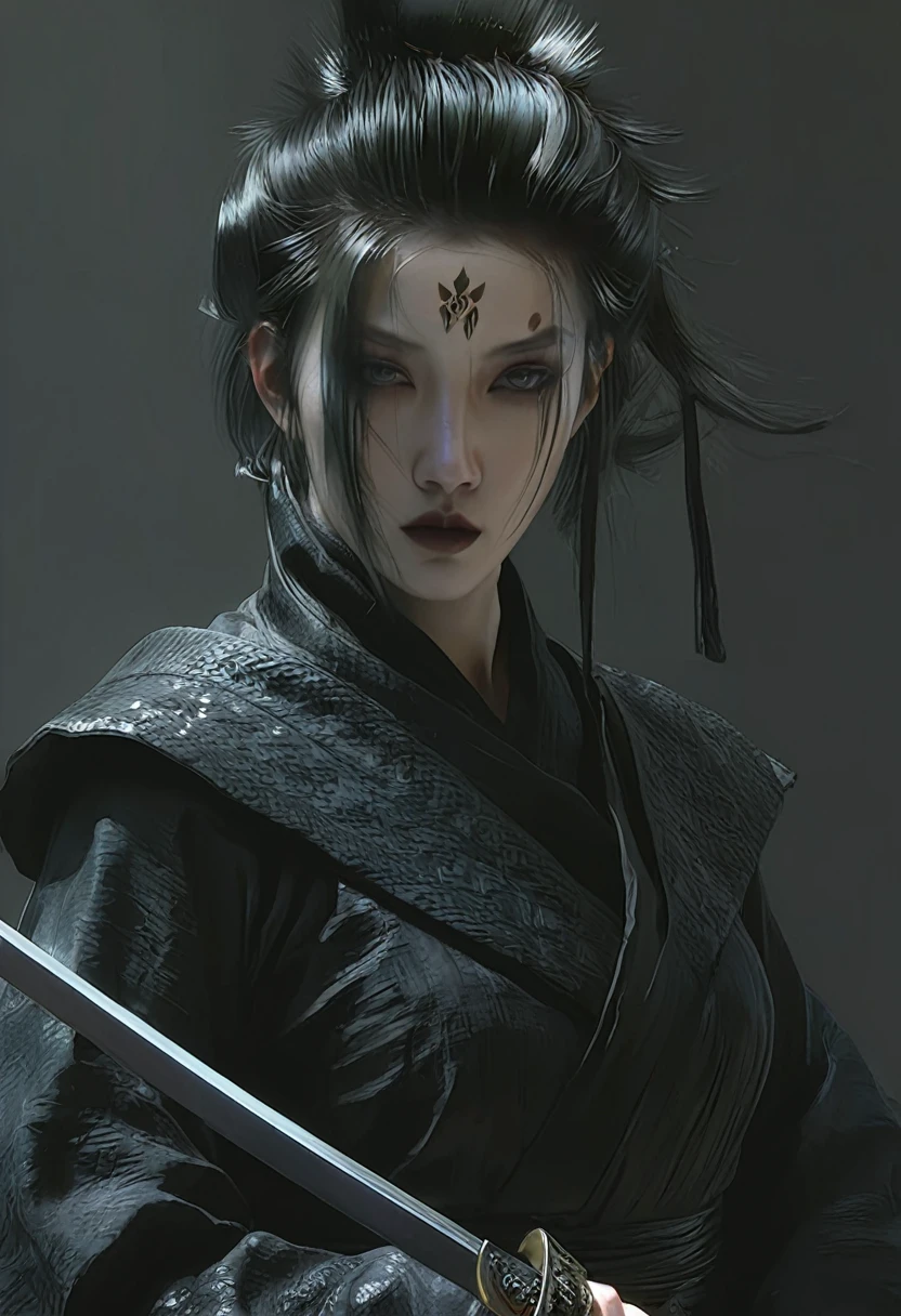 arafed woman with a black hairdo and a black top, by Yang J, beautiful girl face, artwork in the style of guweiz, cgsociety portrait, fantasy concept art portrait, Chengwei Pan on Artstation, wlop art, by Fan Qi, digital fantasy art ), inspired by WLOP, very beautiful cyberpunk samurai，A long sword hangs from his waist，Misty mountain forest