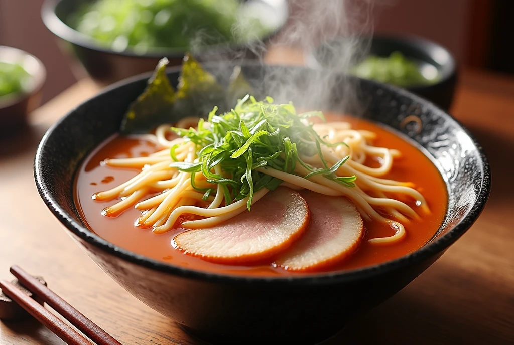 Realistic,Japanese ramen,Thick soup,Seaweed flakes,Bright colors,Steaming,Have an appetite,Chopsticks,Meat,Japanese Ramen,Green onion,bamboo shoots