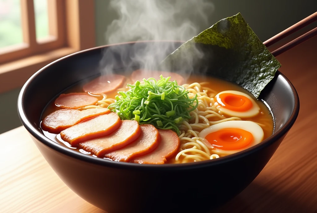 Realistic，Japanese ramen，Thick soup，Seaweed flakes，Bright colors，Steaming，Have an appetite，Chopsticks，Meat，Japanese Ramen，Green onion，bamboo shoots