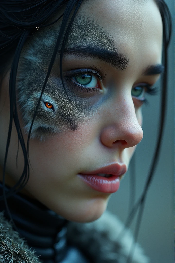 Arya stark hyper realistic close up and nymeria is ober her face but at the same time is like a superposition one of the wolf eye at the same level of arya's. Wolf is 3 quarters profile

