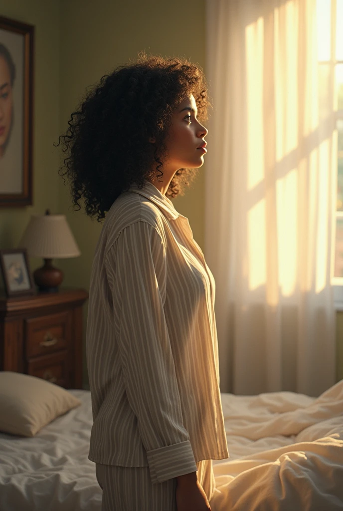 Create an image of a mother with medium length curly black hair, wears striped pajamas, hearing God speak to her in the morning
