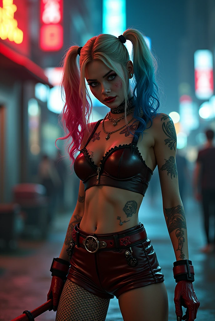 A beautiful Harley Quinn, (1girl, detailed face, beautiful eyes, sharp gaze, red and blue hair, clown makeup, tattoos, leather outfit, fishnet stockings, baseball bat, city background, neon lights, gritty cyberpunk style, dramatic lighting, cinematic, highly detailed, photorealistic, 8k, best quality)
