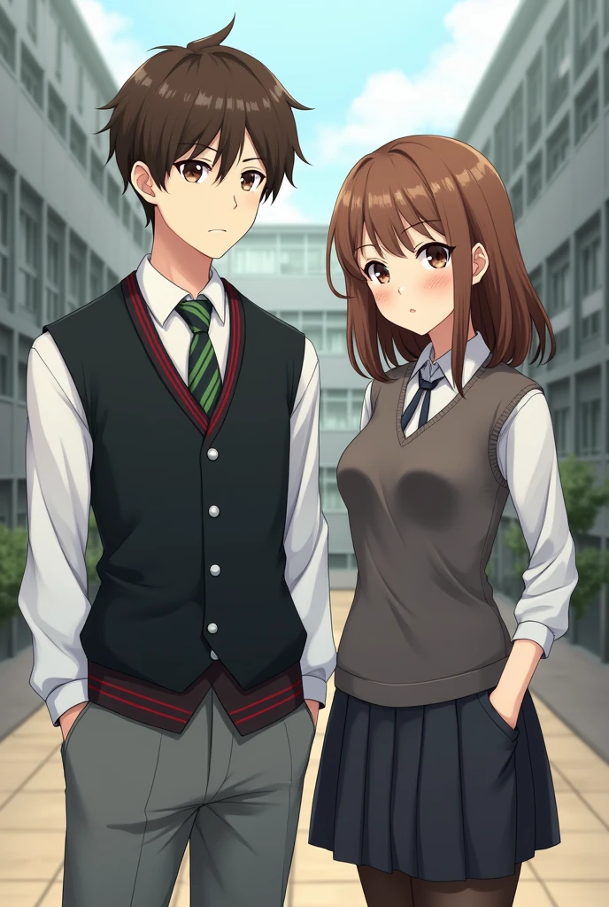 A young man of 1.65 of tez clara, Brown hair corto alos lados y atrás, somewhat more grown up above, with the right side of his face slightly drooping, He wears a white shirt, grey tie with green lines, a pair of grey cloth trousers and a black vest with silver buttons and a pair of bodeaux-coloured stripes falling on the waistcoat's hem, They can be seen at a short distance in the courtyard of the high school., with a light-skinned young woman, some freckles, Brown hair, seeds, shoulder-length, low, wearing student jumper